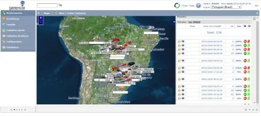 Tela do sistema Gerencie com mapa do Brasil e veículos
